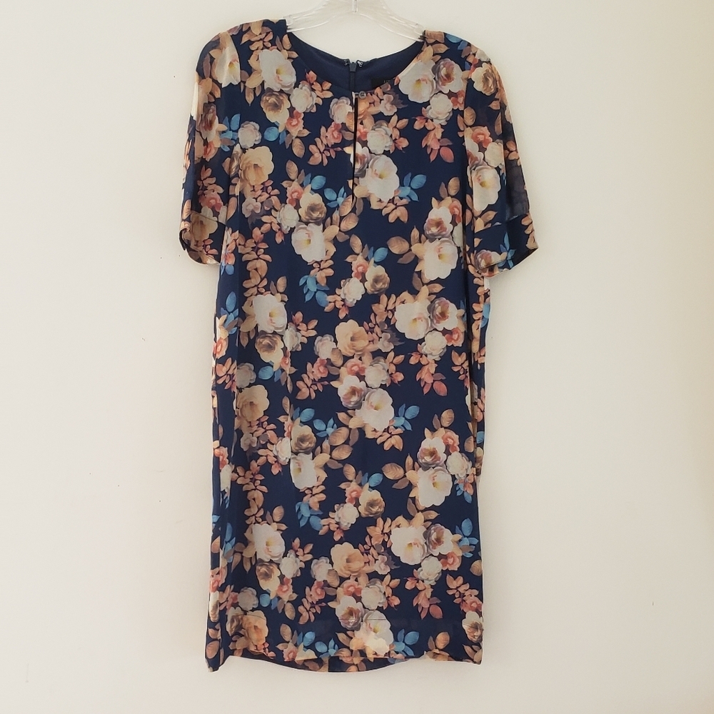 J.CREW Antique Floral Silk Shift Dress Womens Size 00 Navy Blue Short Sleeves - Picture 2 of 15